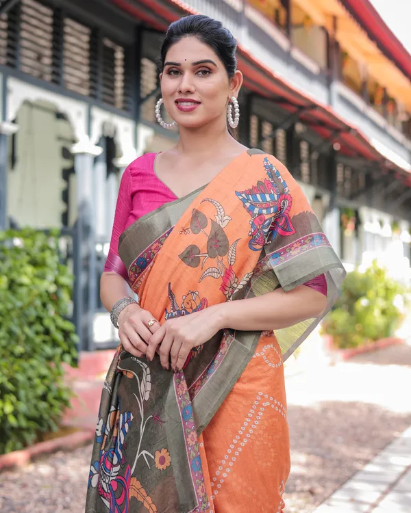 Orange_Lilen_Cotton_Saree_For_Women