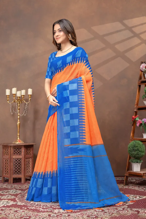 Orange_Linen_Cotton_Saree_For_Women