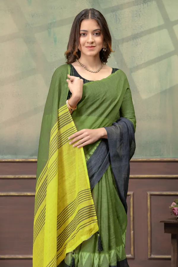 Green_Linen_Cotton_Saree_For_Women