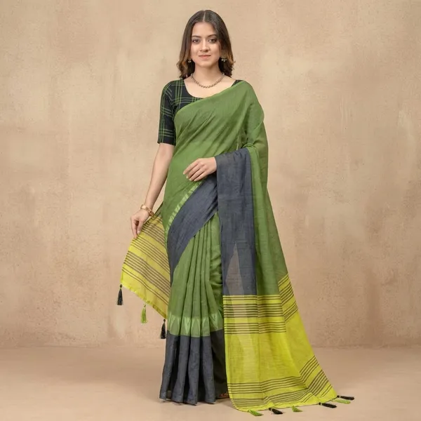Green_Linen_Cotton_Saree_For_Women
