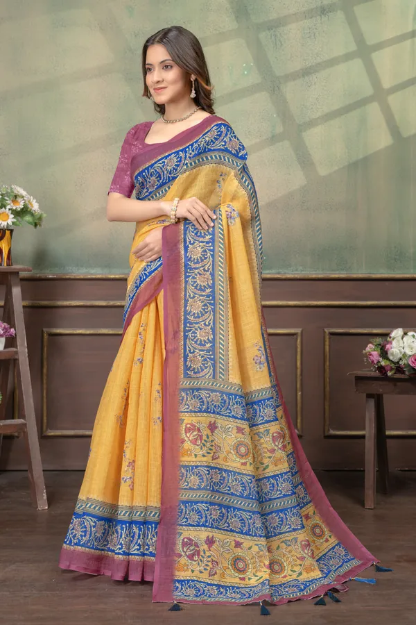 Mustard_Linen_Cotton_Saree_For_Women