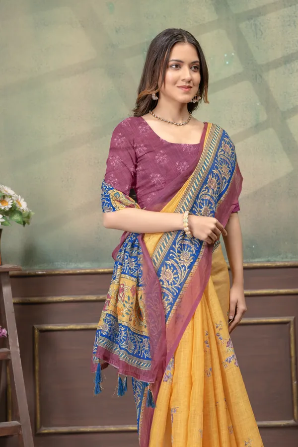 Mustard_Linen_Cotton_Saree_For_Women