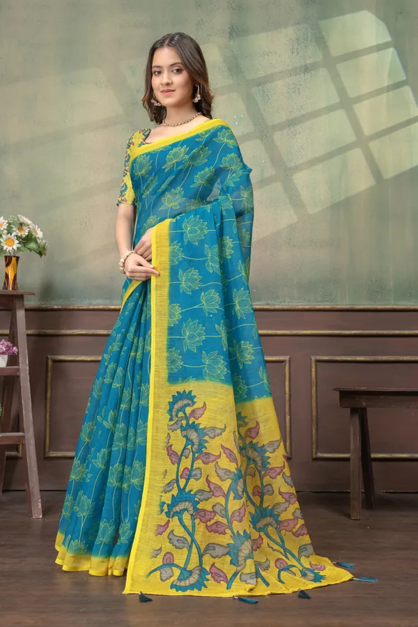 Lime_Linen_Cotton_Saree_For_Women