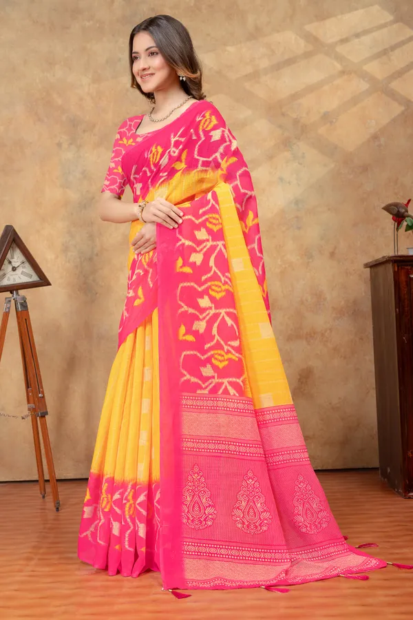 Yellow_Linen_Cotton_Saree_For_Women