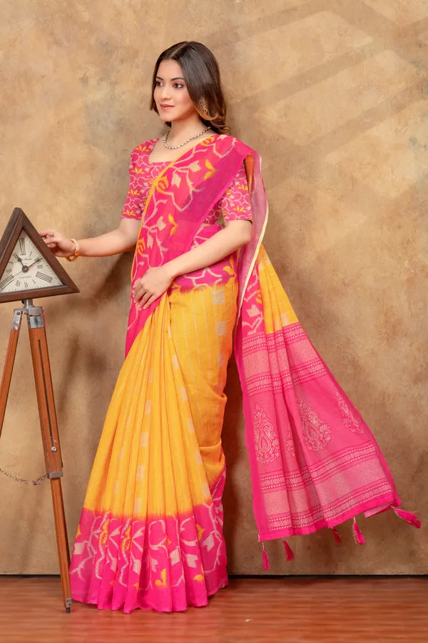 Yellow_Linen_Cotton_Saree_For_Women