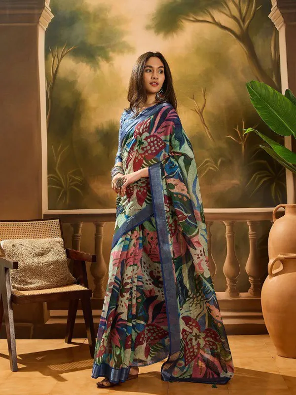 Blue_Lilen_Cotton_Saree_For_Women