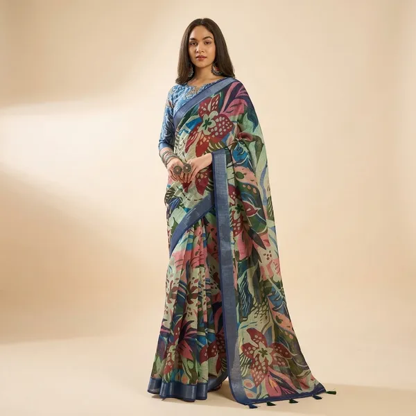 Blue_Lilen_Cotton_Saree_For_Women
