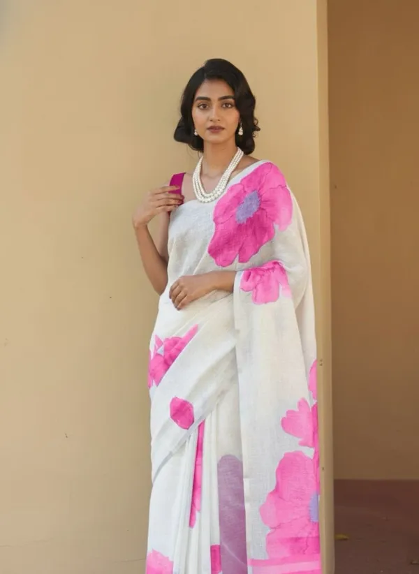 Printed_Linen_Cotton_Saree_With_Blouse_Piece