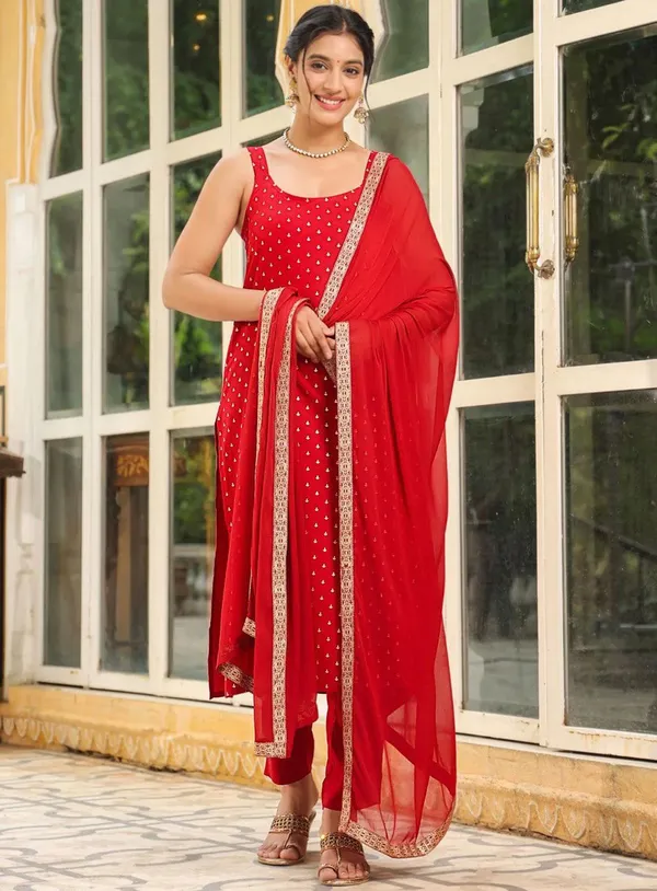 Red_Reyon_Kurta_Set_For_Women