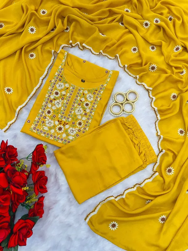 Yellow_Heavy_Reyon_Kurta_Set_For_Women