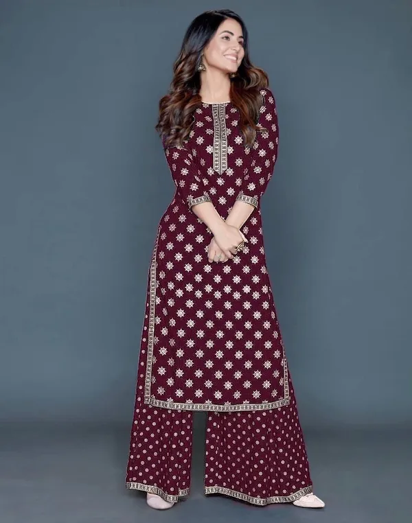 Wine_Rayon_Kurta_Pant_For_Women