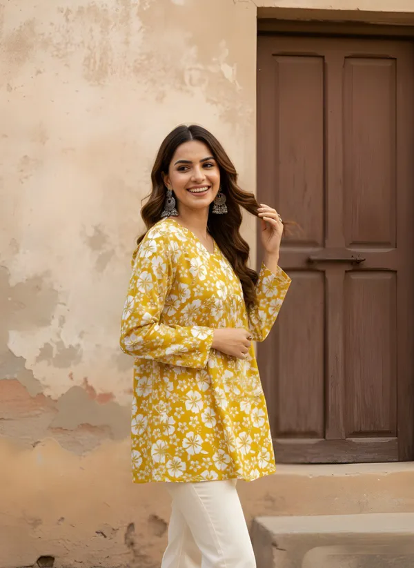 Yellow_Crepe_Short_Kurti_For_Women