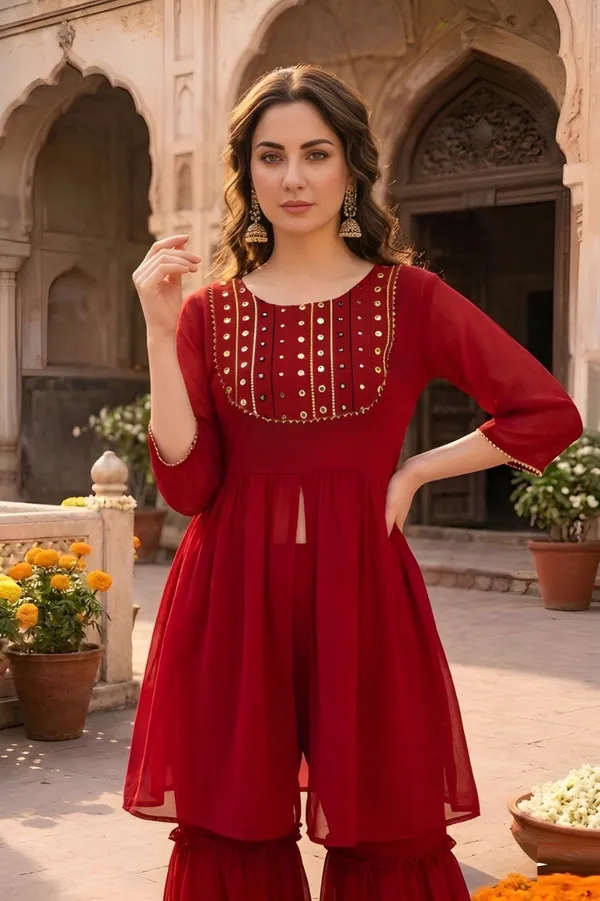Red_Georgette_Kurta_With_Sharara_For_Women