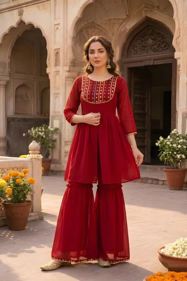 Red_Georgette_Kurta_With_Sharara_For_Women