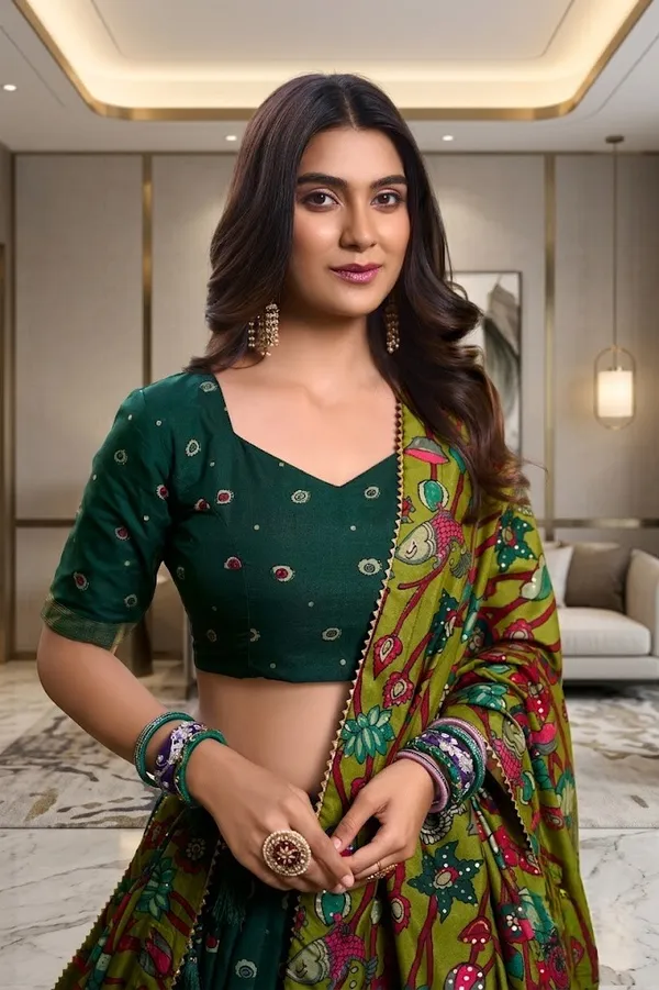 Dark_Green_Tusser_Silk_Lehenga_Choli_For_Women