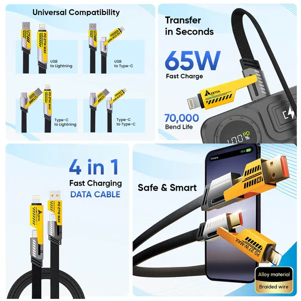 Aertek_Ultrapods_Tws_Black_4_In_1_65W_Fast_Charging_Data_Cable_Combo_Default_Title