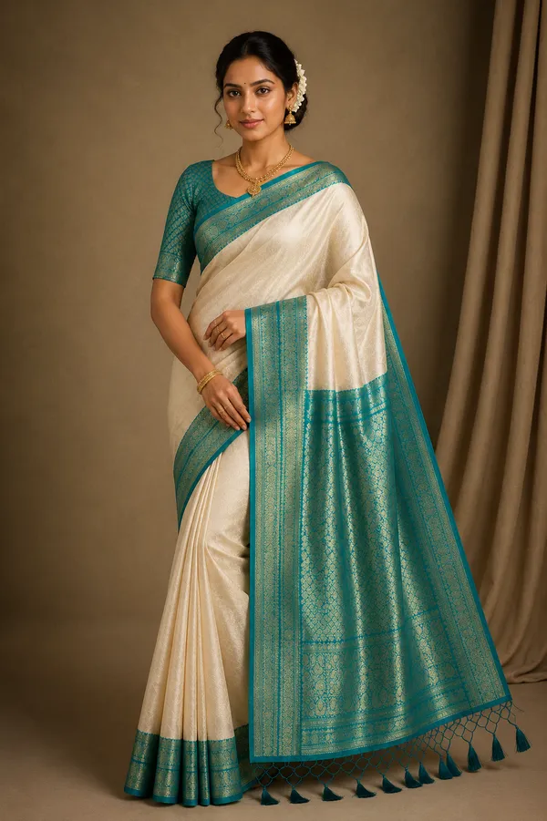 Off_White_Silk_Banarasi_Teal_Green_Border_Saree_For_Women