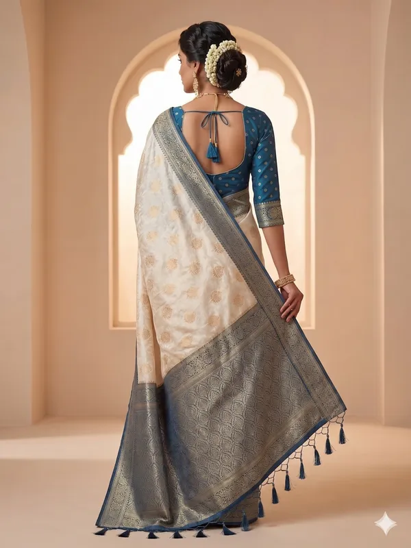 Off_White_Silk_Banarasi_Blue_Border_Golden_Motif_Saree_For_Women