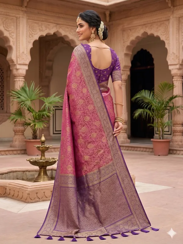 Purple_Banarasi_Silk_Saree_With_Golden_Buti_Pink_Pallu_For_Women