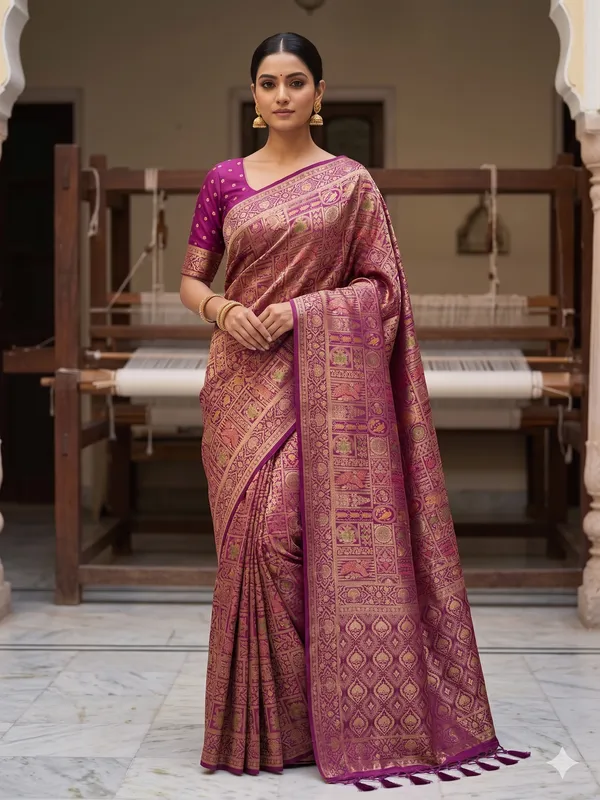 Magenta_Banarasi_Silk_Saree_With_Golden_Zari_Woven_Border_For_Women