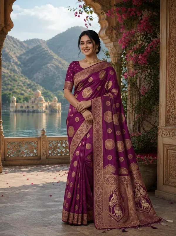 Purple_Banarasi_Silk_Saree_With_Golden_Zari_Elephant_Motifs_For_Women