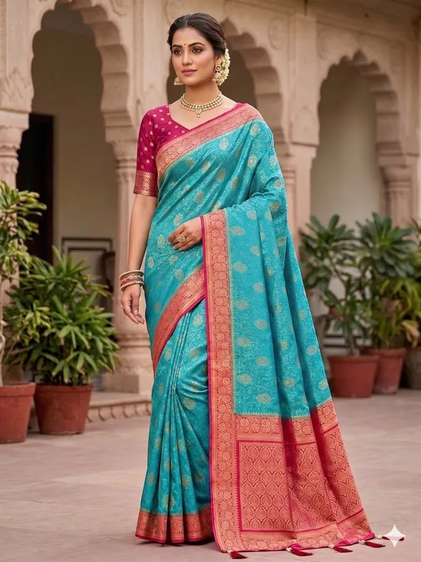 Turquoise_Blue_Silk_Saree_With_Magenta_Zari_Buti_Border_For_Women