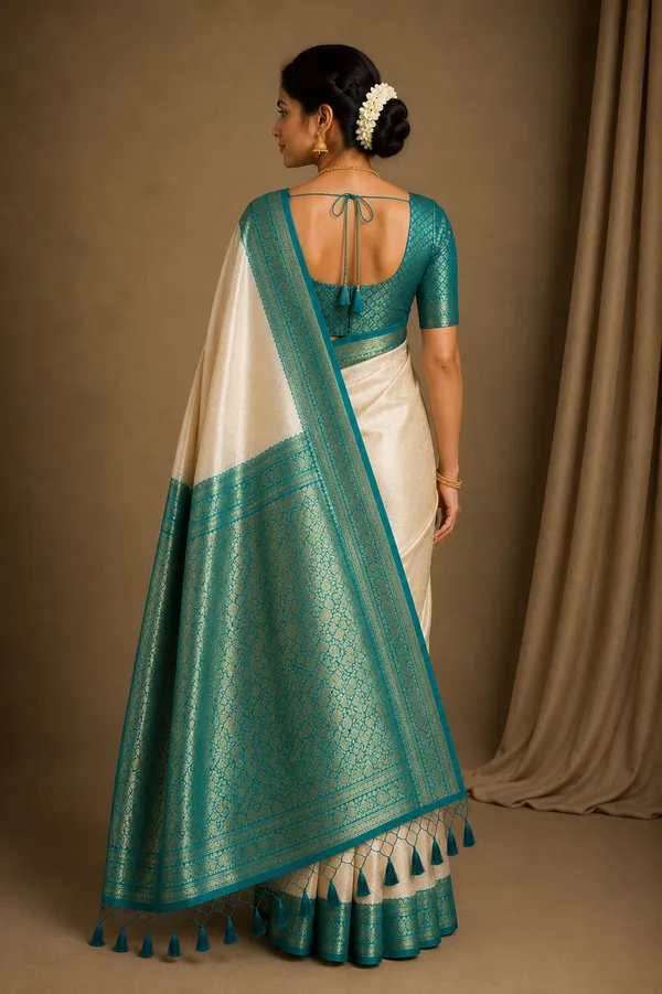 Off_White_Silk_Banarasi_Teal_Green_Border_Saree_For_Women