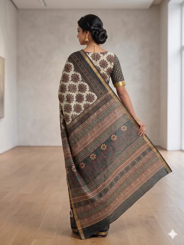 Black_Cotton_Sambalpuri_Ikat_Floral_Border_Saree_For_Women