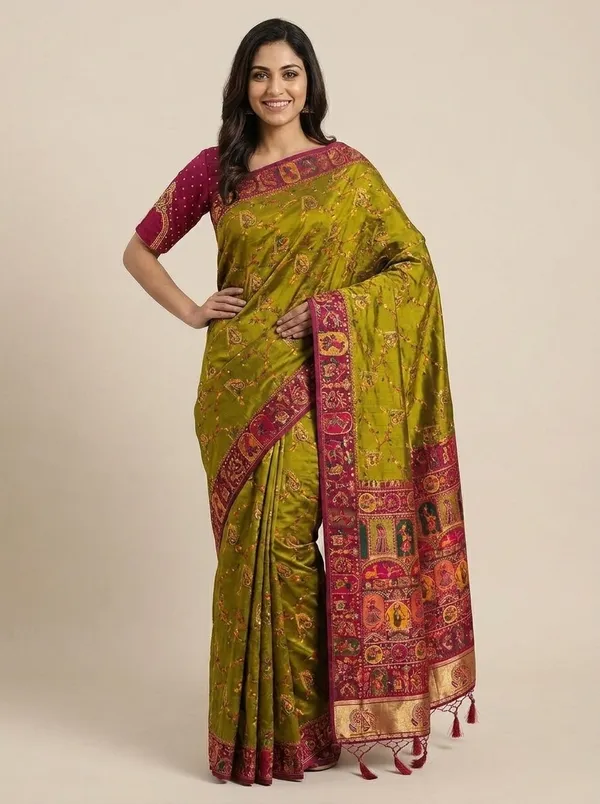 Olive_Green_Paithani_Silk_Saree_With_Maroon_Woven_Border_For_Women