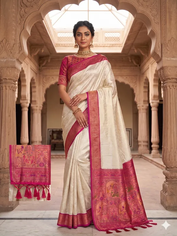 Off_White_Silk_Saree_With_Pink_Zari_Border_And_Pallu_For_Women