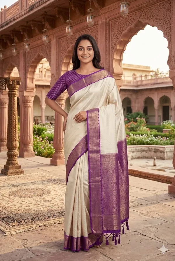 Off_White_Kanjivaram_Silk_Saree_With_Purple_Zari_Border_For_Women