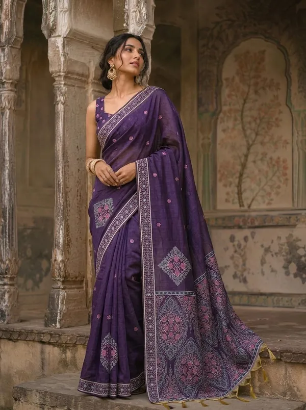 Purple_Cotton_Embroidered_Saree_With_Pink_Border_And_Tassels_For_Women