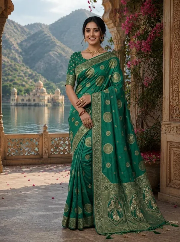 Green_Silk_Banarasi_Golden_Zari_Buti_Woven_Saree_For_Women