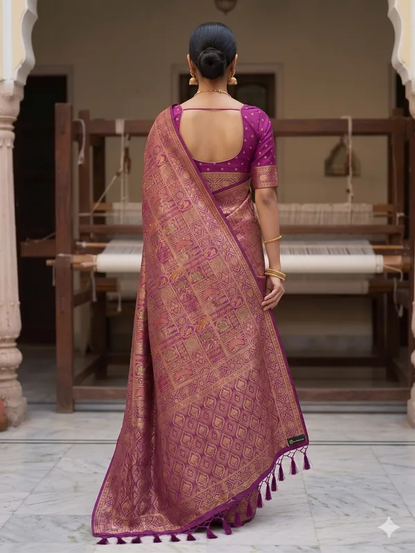Magenta_Banarasi_Silk_Saree_With_Golden_Zari_Woven_Border_For_Women