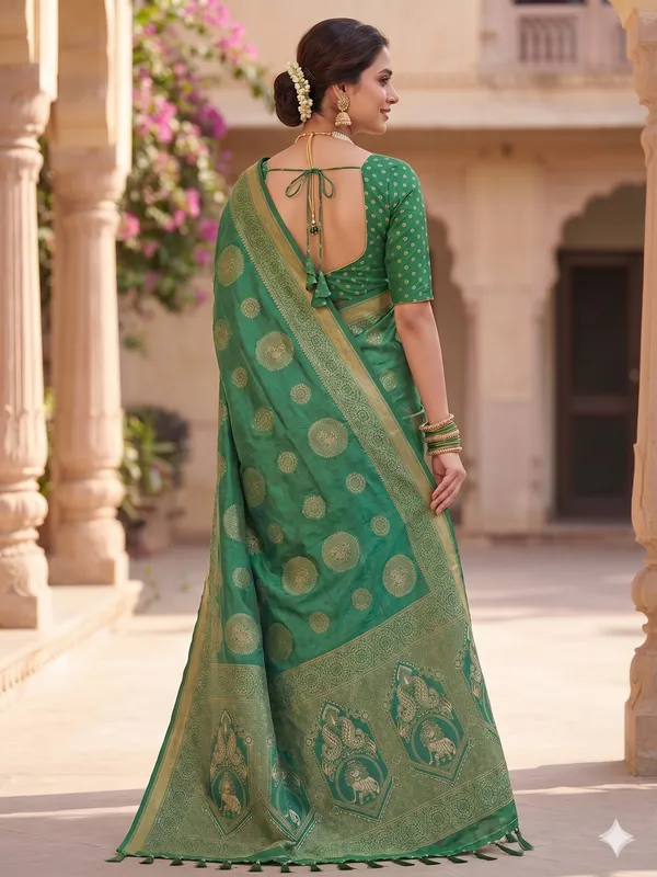 Green_Silk_Banarasi_Golden_Zari_Buti_Woven_Saree_For_Women