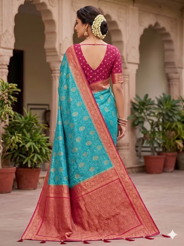 Turquoise_Blue_Silk_Saree_With_Magenta_Zari_Buti_Border_For_Women