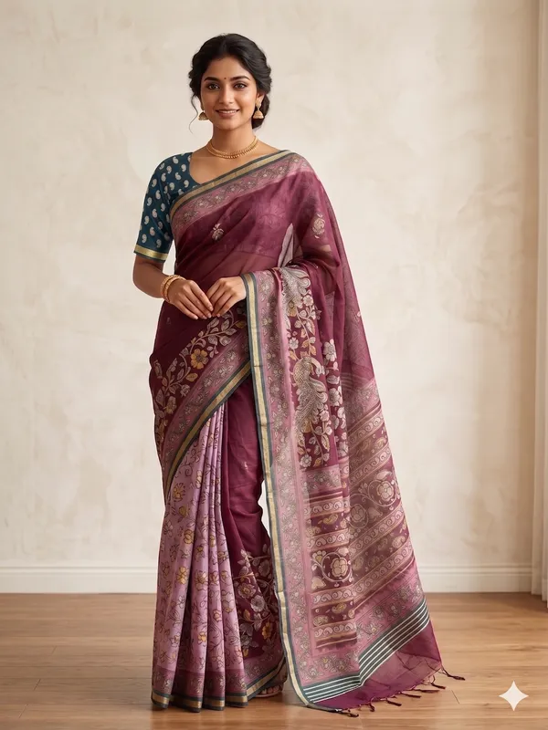 Maroon_Cotton_Kalamkari_Print_Chanderi_Saree_For_Women