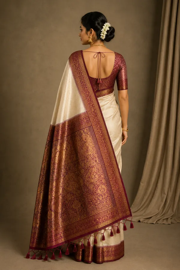 Off_White_with_marron_Silk_Zari_Border_Banarasi_Saree_For_Women