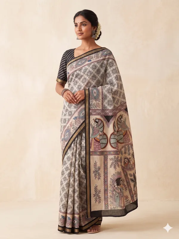 Beige_&_Brown_Printed_Chanderi_Silk_Saree_with_Black_Blouse