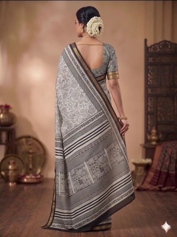 Grey_And_White_Cotton_Printed_Saree_With_Contrast_Border_For_Women