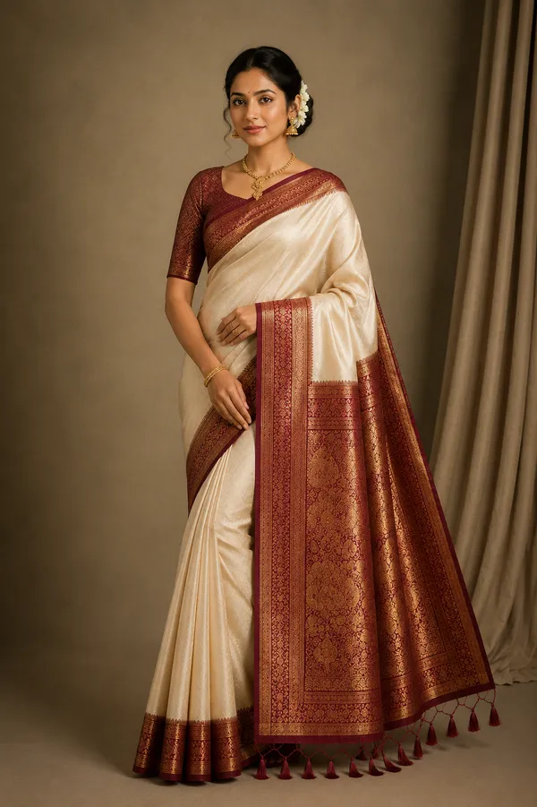Off_White_with_marron_Silk_Zari_Border_Banarasi_Saree_For_Women