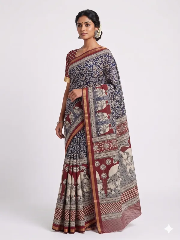 Maroon_Cotton_Printed_Saree_With_Elephant_Peacock_Motifs_For_Women