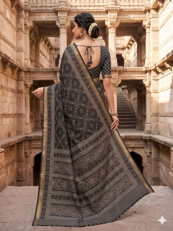 Black_Cotton_Bandhani_Print_Golden_Border_Saree_For_Women