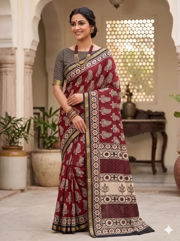Black_And_Beige_Cotton_Herringbone_Saree_With_Golden_Zari_Border_For_Women