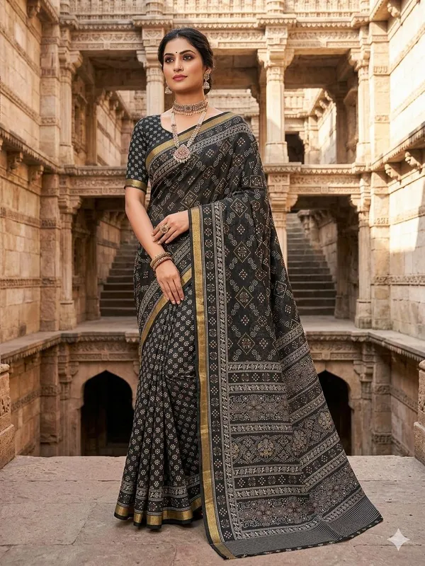 Black_Cotton_Bandhani_Print_Golden_Border_Saree_For_Women