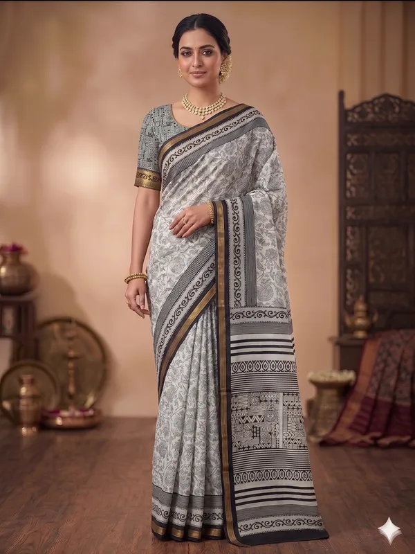 Grey_And_White_Cotton_Printed_Saree_With_Contrast_Border_For_Women