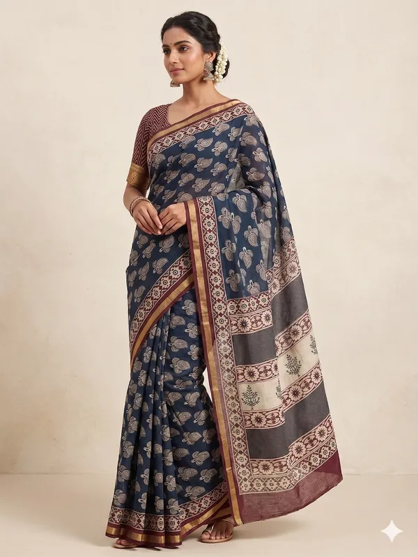 Maroon_And_Beige_Cotton_Chanderi_Silk_Chevron_Saree_Golden_Border_For_Women