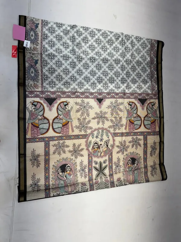 Beige_&_Brown_Printed_Chanderi_Silk_Saree_with_Black_Blouse