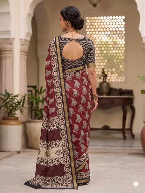 Black_And_Beige_Cotton_Herringbone_Saree_With_Golden_Zari_Border_For_Women