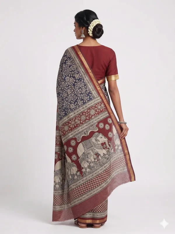 Maroon_Cotton_Printed_Saree_With_Elephant_Peacock_Motifs_For_Women